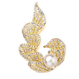 PUGSTER GOLDEN CRYSTAL FLY RIBBON WITH PEARL RHINESTONE BROOCH PIN K83
