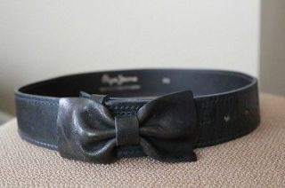 nwot pepe jeans leather very dark blue waist belt with bow