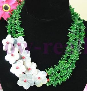 Elegant 3 Stranded Natural Green Coral &White Shell Flower Necklace