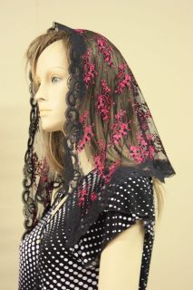 Pink Black veil lace mantilla Catholic church chapel scarf 