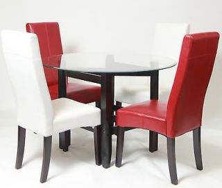 Beveled Glass Dining Set , Round Table With 4 Red Parson Chairs