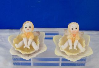 NATIONAL POTTERIES NAPCO FIGURE PAIR Small Fairy on Lily Pad Yellow 