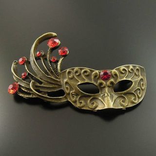   Bronze Vintage Alloy Red Rhinestone Mask Pin Brooch Jewelry 5pcs