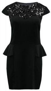 Ladies Plus Size Black Sequin Detail Peplum Formal Work Dress #759