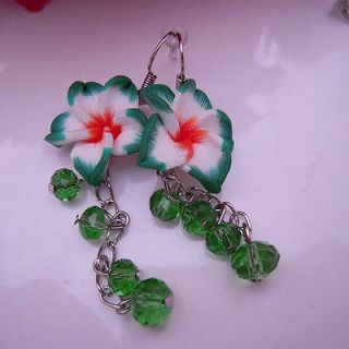 Fashion Green +White Polymer Clay Flower Green Crystal Hoop Dangle 