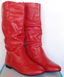   Black, Red, Pink, White Faux Leather Slouch Round Toe Flat Boots