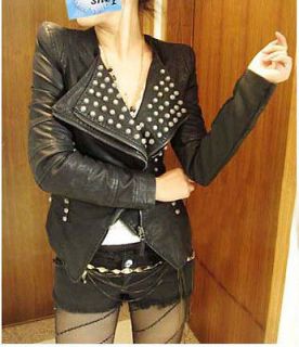   Punk Spike Studded Shoulder PU Leather Cropped Jacket Coat Style A