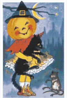   HALLOWEEN ~ LITTLE GIRL, CAT, & MOUSE ~ Counted Cross Stitch Pattern