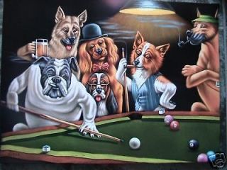 DOGS PLAYING POOL BLACK VELVET OIL PAINTING,100% HANDPAINTED 24 BY 36 