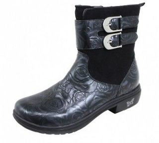 Alegria Womens AVRIL BLACK AND SILVER ROSE Black Leather Boots AVR 571