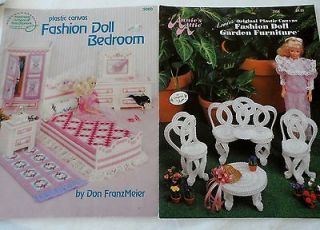 DOLL FURNITURE Plastic Canvas Needlepoint Lot 2 Bedroom & Garden Party
