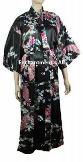   Design Silk Satin Kimono Robe Sleepwear Long w/ Waist Tie, Black