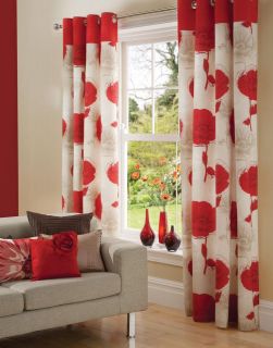 NEW RED CREAM POPPY READY MADE LINED RING TOP CURTAINS, ALL SIZES