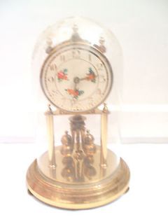   German Glass Dome Anniversary Clock With Flower Pattern Face 9.5H 6D
