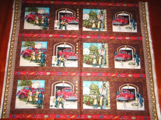Local Heroes Cotton Fabric Vintage Fireman Patches Cotton Quilt Panel 