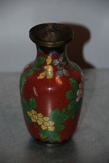   Cloisonne Chinese China Bronze Vase Red Pink Black Floral AS IS