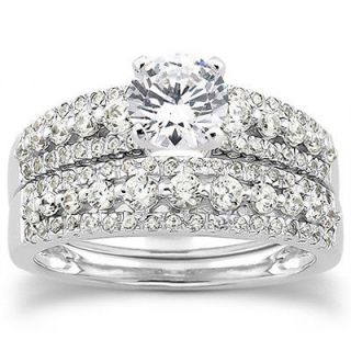 15CT Real Diamond Engagement Matching Wedding Ring Set 14K White 