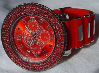 MENS ICED OUT HIP HOP 4 ROWS 200 RED DIAMONDS TECHNO KING WATCH 