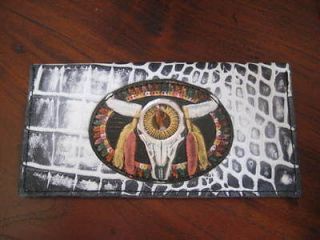 Leather Buffalo Skull Sun God Checkbook cover,Tooled, Hand Painted