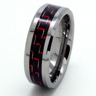 8mm Black & Red Carbon Fiber Tungsten Wedding Band Engagement Ring 