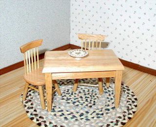   Miniature Furniture ~ Oak Wood Kitchen Table and Two Chairs