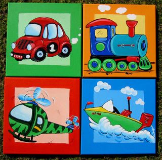 set of 4 prints on canvas boat helicopter car train