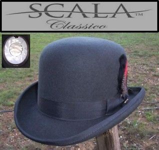 NEW Scala Hats Charcoal Wool Felt BOWLER DERBY Satin Lined Tuxedo 
