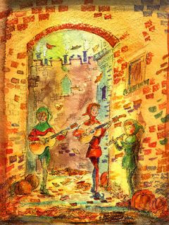 Newly listed AUTUMN STREET MUSICIANS Medieval Europe Print Signed 