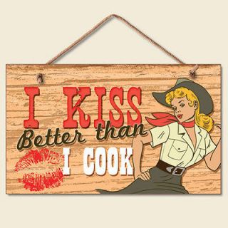 Western Lodge Cabin Decor ~Kiss Better Than Cook~ Wood Sign W/ Rope 