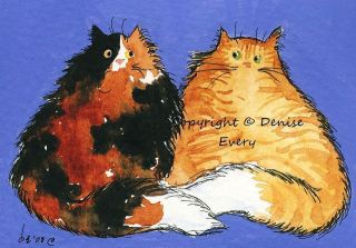 Tortiseshell & Ginger Tabby Maine Coon Kitties Calico Cat Art 4x6 