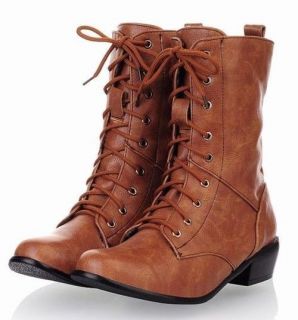 Womens Ladies Western Lace Up Cuffed Low Heel Mid Calf Boots Plus Size 