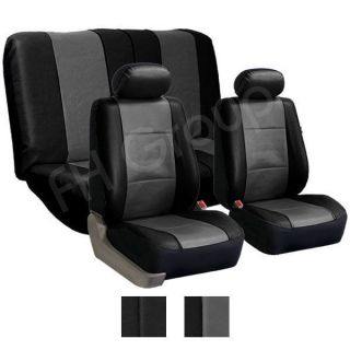 PU Leather Seat Covers W. 2 Headrests & Solid Bench Gray & Black