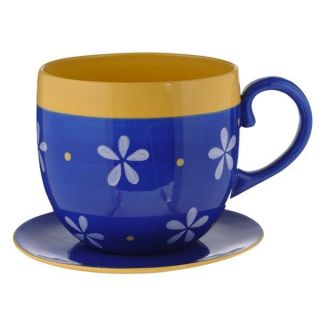   Road Lg Whimsical Blue Floral Ceramic Tea Cup & Saucer Pot Planters