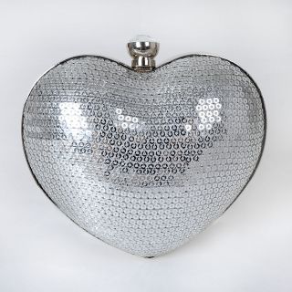 New Lady Shiny Bead Silver Sequin Heart Shaped Clutch Evening Bag w 