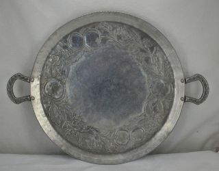   METAL Hand Forged Aluminum 11 3/4 Round Tray w/ Apples Apple Blossoms