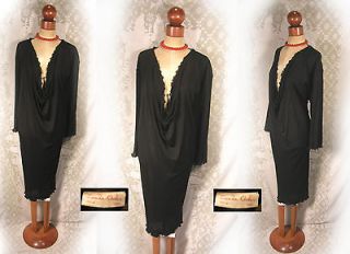 Vintage 70s Zandra Rhodes flowing black sheer dress plunging draped 