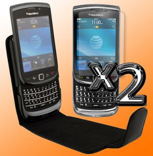 Black Leather Flip Case Cover Screen Savers bundle for Blackberry 