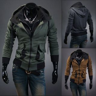 Mens Slim Zip Up Top Design Hooded Hoodies Jackets Coats Tops 3Color 