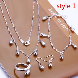SET SOLID SILVER PLATED NECKLACE+BRACE​LET+RING+EARRI​NGS JEWELRY 