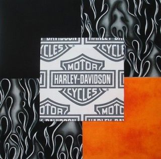 32 6 HARLEY DAVIDSON Logo Shield Black flames Orange Quilt Fabric 