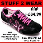   Womens Black Real Leather / Fabric Pink Flower Sequin Sports Shoes