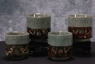 SOMAYAKI POTTERY, SET OF 4, GREEN WITH BLUE CRACKS AND HEARTS, MULTI 