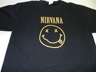 Nirvana Kurt Cobain Rock T Shirt Tee Smiley Face Black Retro Front 