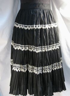 Vintage Hand Knit Black Mexican Skirt Silver Braid Gathered Waist 