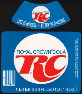 Old soda pop bottle label RC ROYAL CROWN COLA with neck label new old 