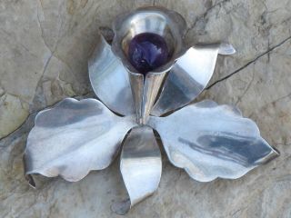 HUGE VINTAGE MEXICAN HNAD MADE STERLING SILVER & AMETHYST ORCHID PIN 