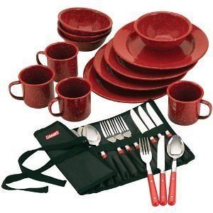 New Coleman Enamel Dining Kit Outdoor Camping Tailgate Dishes Cups 