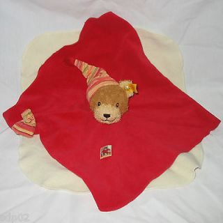 STEIFF Baby Red Cream Security Blanket Brown BEAR Germany Gold Button 