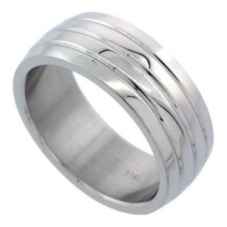Mens Stainless Steel Wedding Band Ring 8mm Triple Groove Domed Size 9 