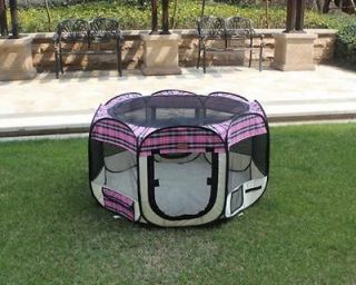 New large Pink Plaid Pet Dog Cat Tent Playpen Exercise Play Pen Soft 